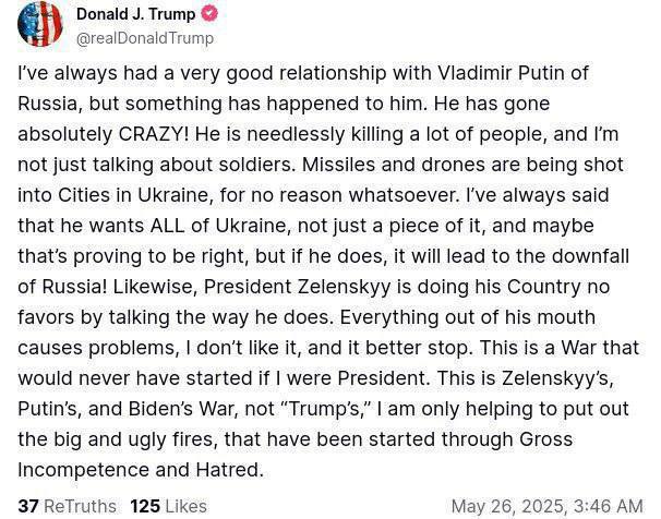 photo 2025 05 26 07 49 24 Трамп: Путін абсолютно збожеволів і хоче всю Україну